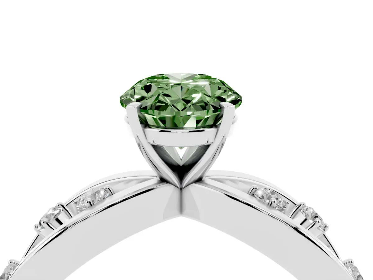 Fancy Green Oval Cut Cut Solitaire Diamond with Side Stones on Criss-Cross Band and Four-Prong Setting Silver