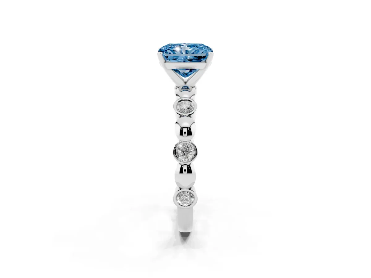 Fancy Blue Radiant Cut Solitaire Bezel-Set Diamond Ring with Beaded Band and Four-Prong Setting Silver