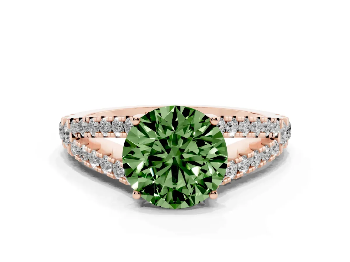 Fancy Green Round Cut Diamond Split Shank Engagement Ring with Round Pavé and Prong Setting Rose gold