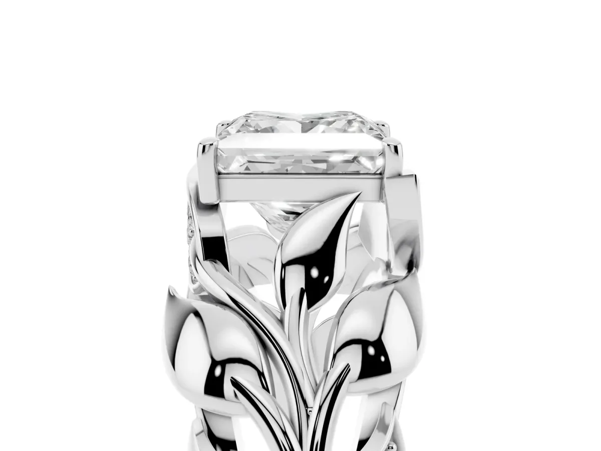 Princess Cut Diamond Leaf-Inspired Engagement Ring with Round Accents and Prong Setting Silver