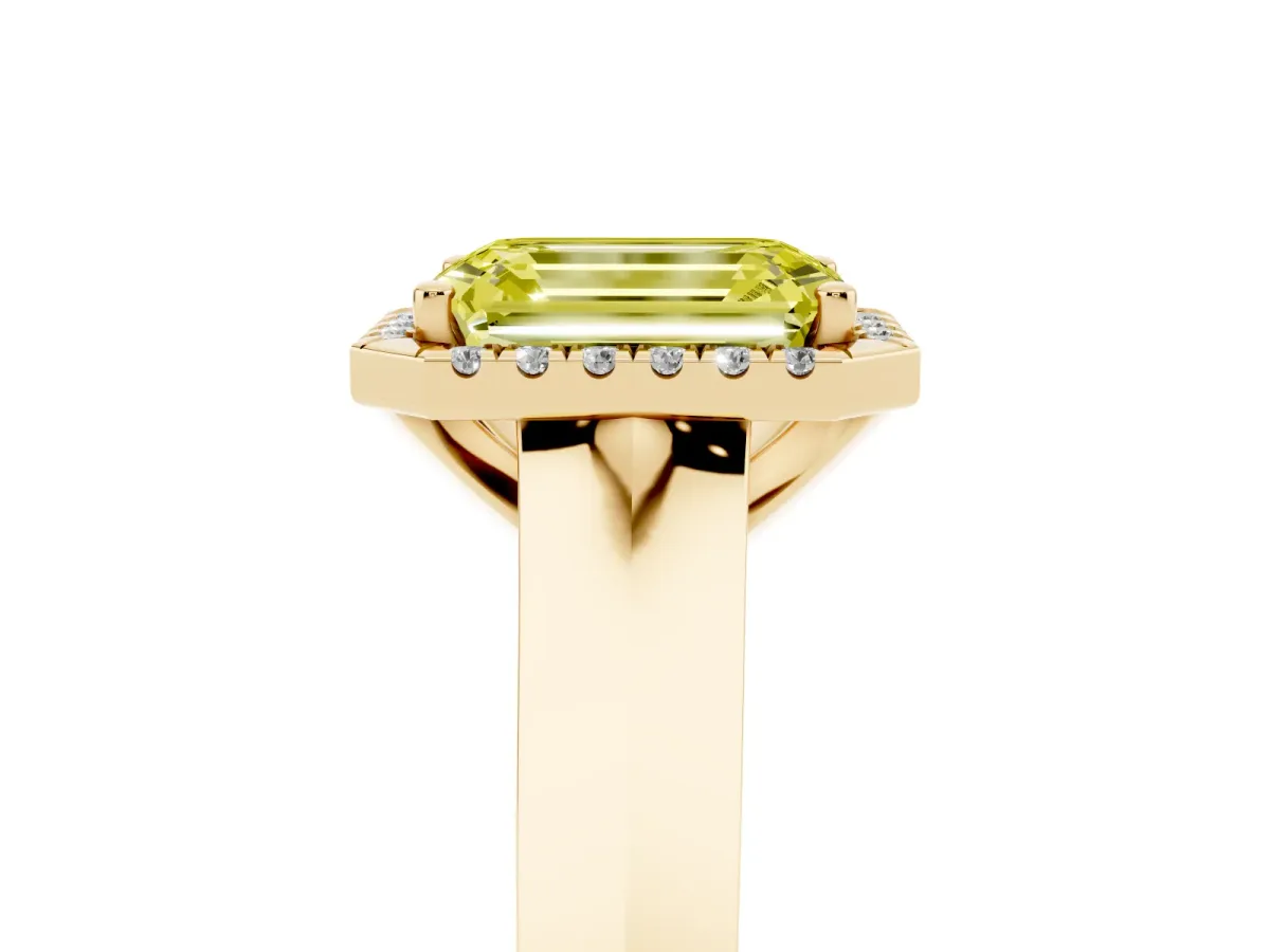 Fancy Yellow Emerald Cut Halo Diamond Ring with Cathedral Band and Four-Prong Setting Yellow gold
