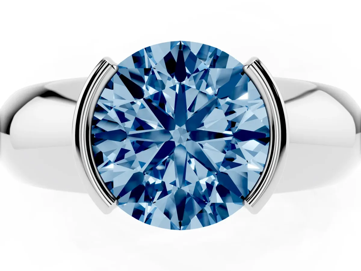 Fancy Blue Round Cut Solitaire Tension Set Diamond Ring with Wide Band Silver