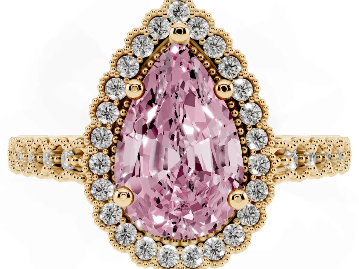 Fancy Pink Pear Cut Cut Halo Pavé Solitaire Ring with Milgrain Band Yellow gold