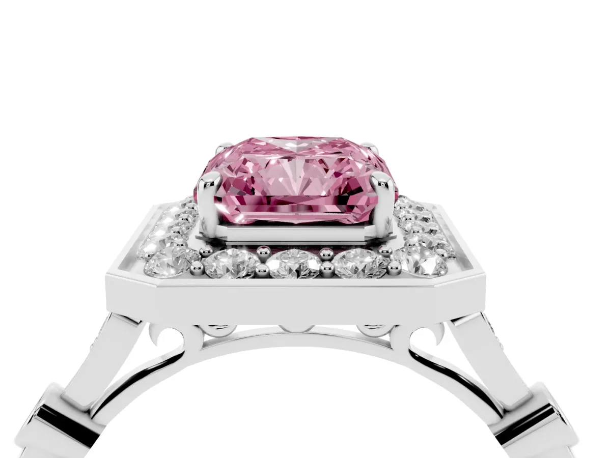 Fancy Pink Radiant Cut Halo Diamond Engagement Ring with Twisted Band and Four-Prong Setting Silver