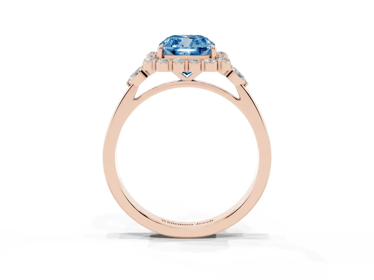 Fancy Blue Cushion Cut Diamond Halo Ring with Pear Side Stones and Prong Setting Rose gold
