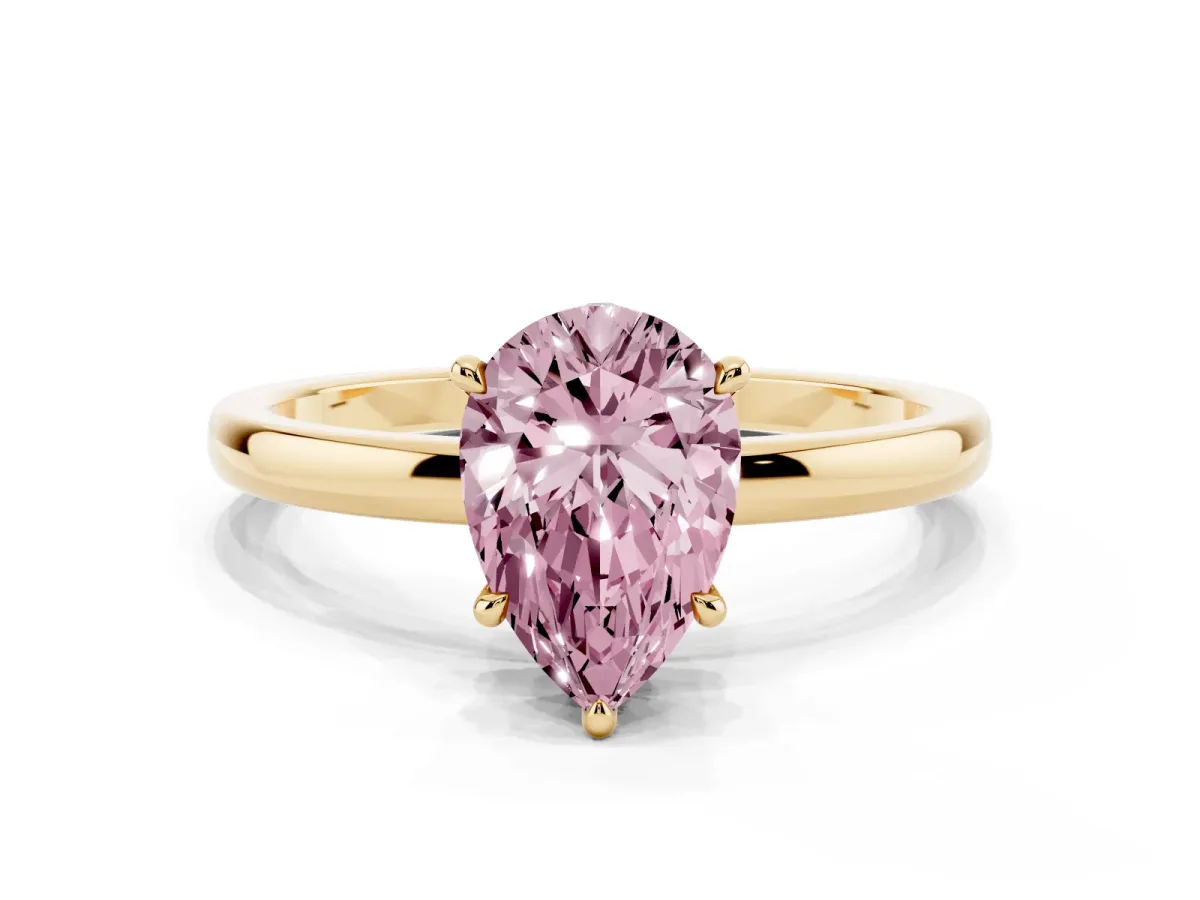 Fancy Pink Pear Cut Solitaire Engagement Ring with Cathedral Band and Four-Prong Setting Yellow gold