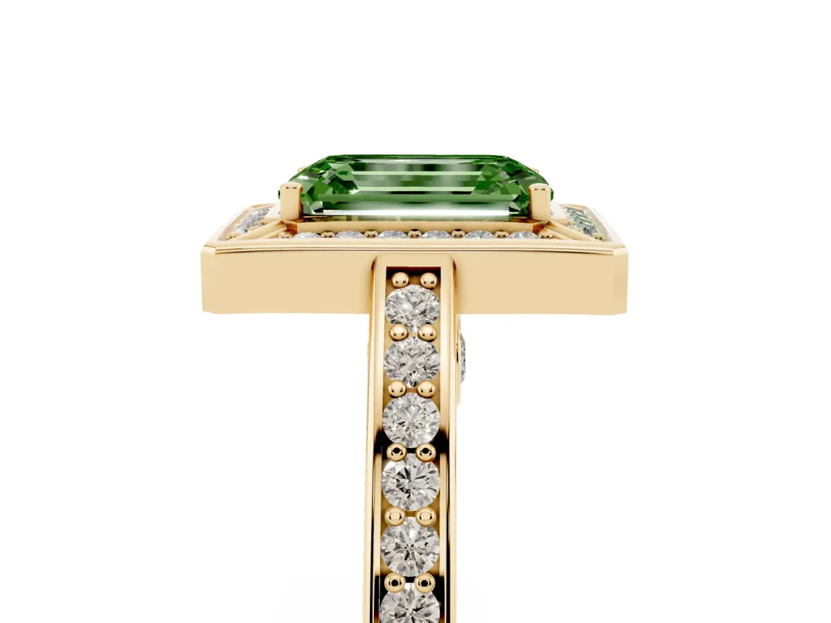 Fancy Green Emerald Cut Cut Halo Pave Split Shank Prong Setting Ring Yellow gold