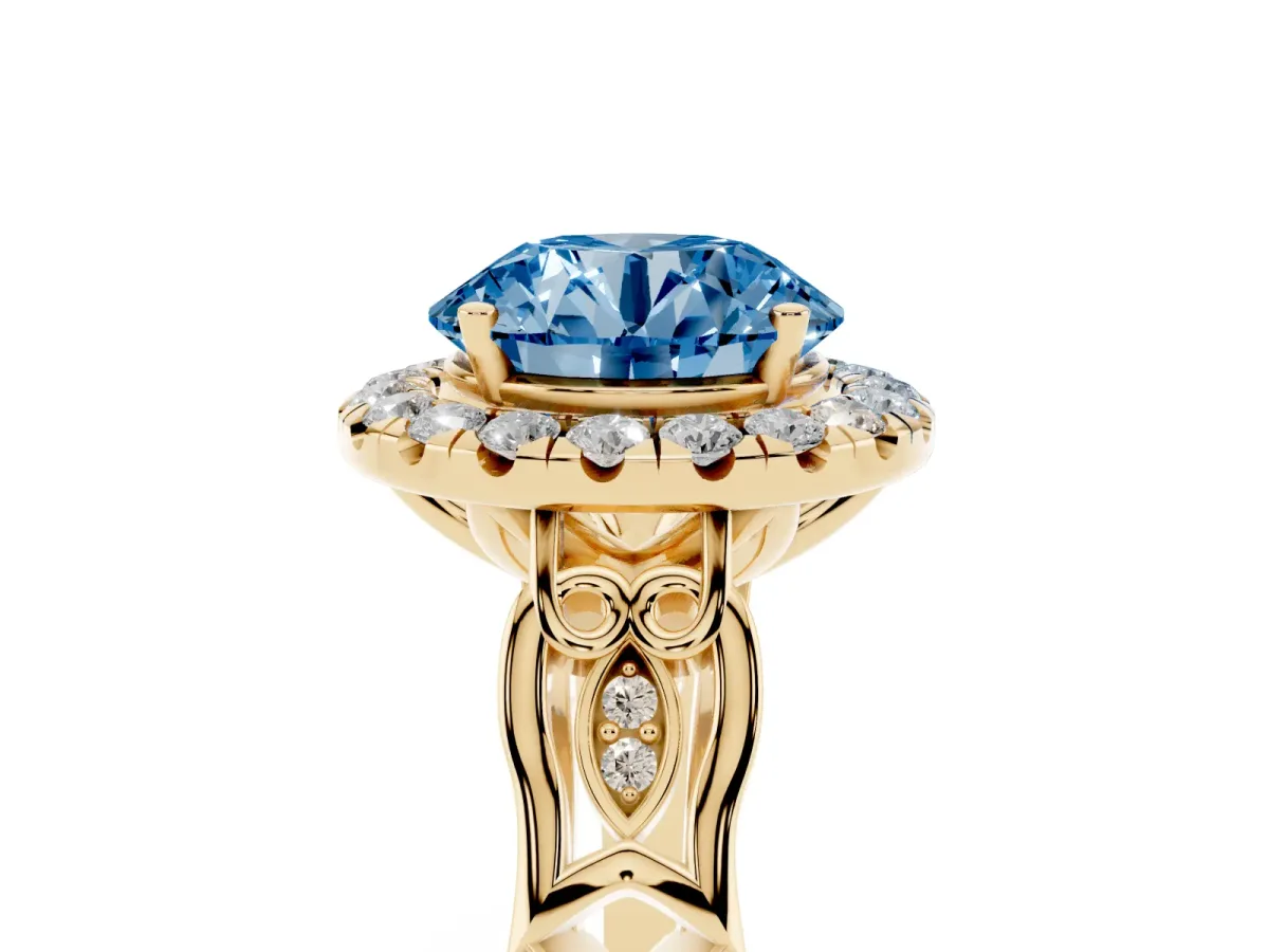 Fancy Blue Round Cut Halo Diamond Engagement Ring with Filigree Band and Four-Prong Setting Yellow gold