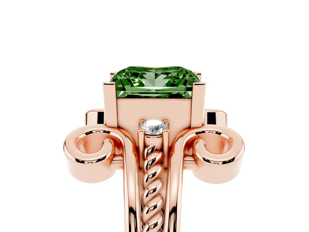 Fancy Green Princess Cut Solitaire Twisted Band Scroll Prong Ring Rose gold