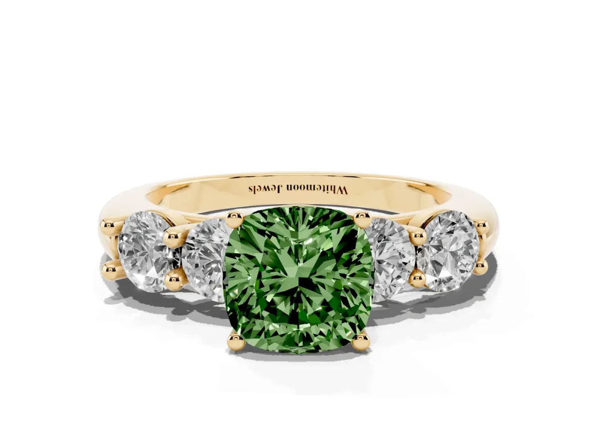 Fancy Green Cushion Cut Cut Five-Stone Prong Set Diamond Ring with Classic Band Yellow gold