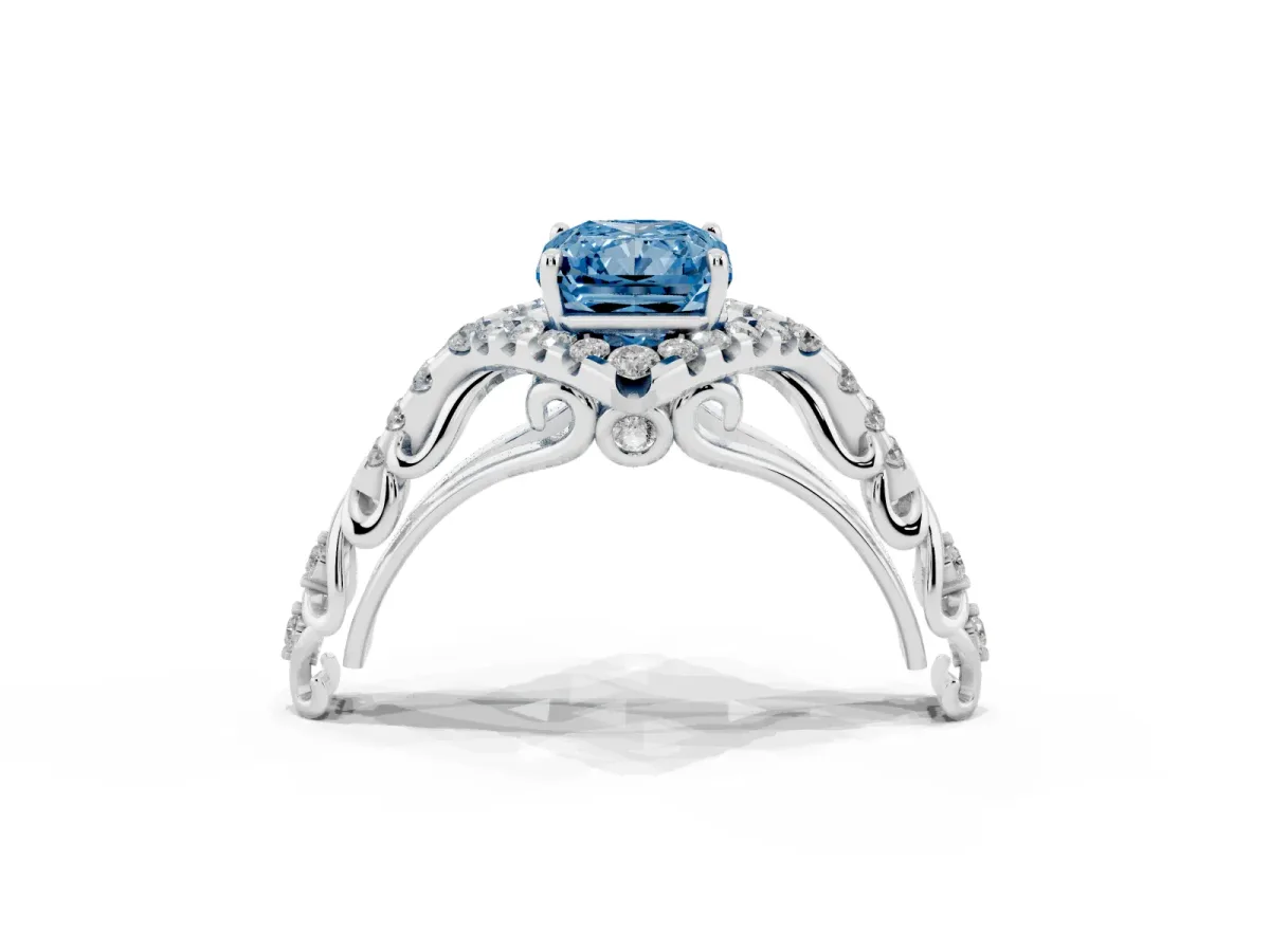 Fancy Blue Radiant Cut Diamond Solitaire Ring with Hidden Halo and Pavé Band White gold