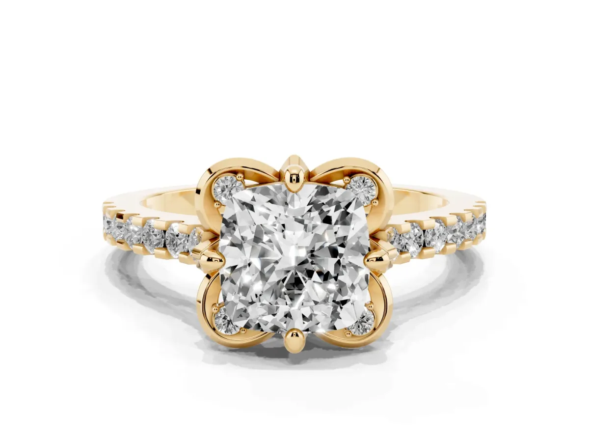 Cushion Cut Diamond Ring with Pavé Band and Floral Prong Setting Yellow gold