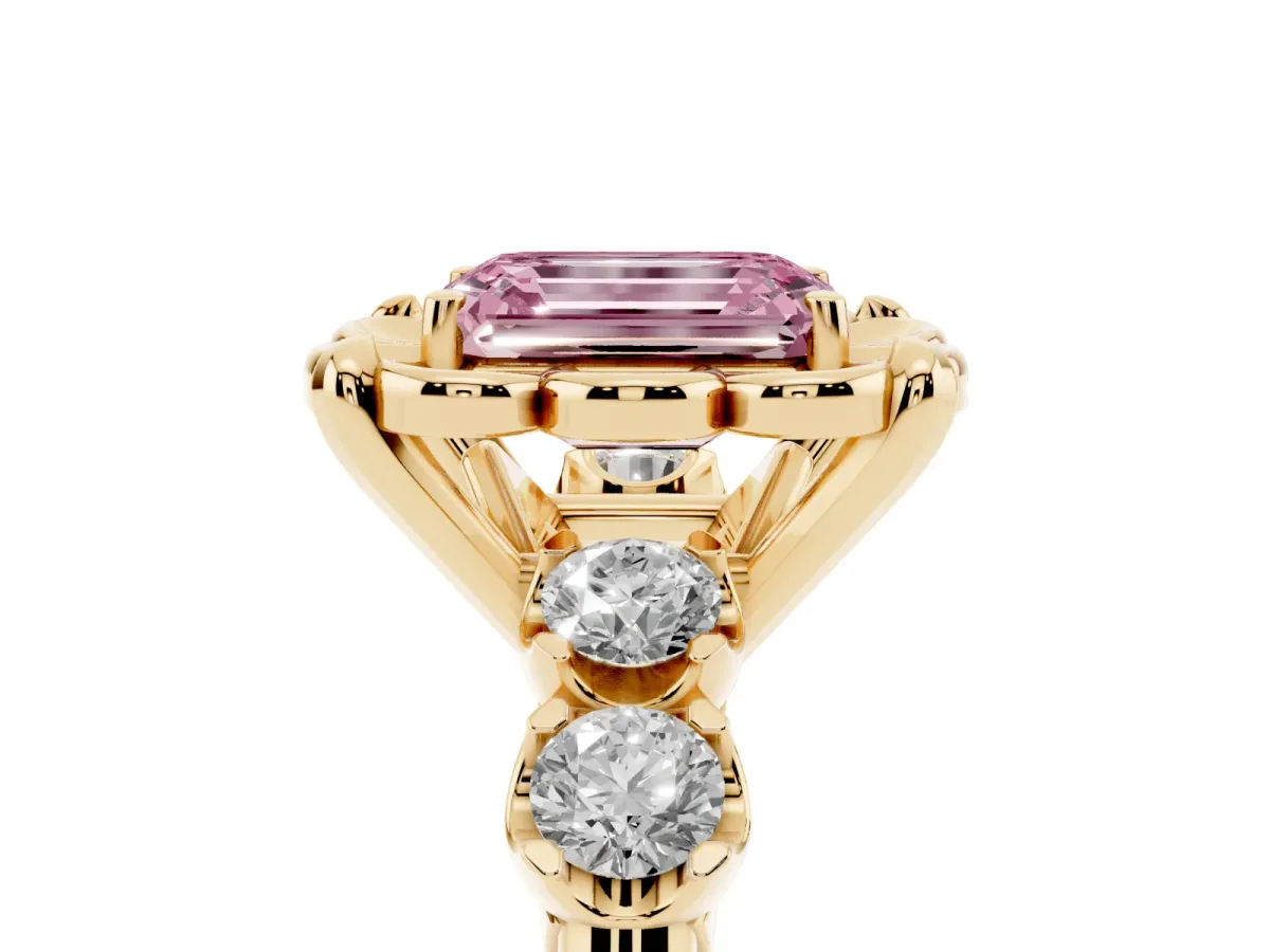 Fancy Pink Emerald Cut Cut Diamond Floral Halo Engagement Ring with Shared Prong Setting Yellow gold
