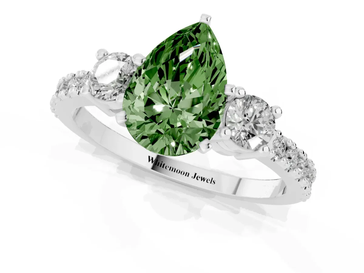 Fancy Green Pear Cut Three-Stone Diamond Pavé Band with Prong Setting Silver