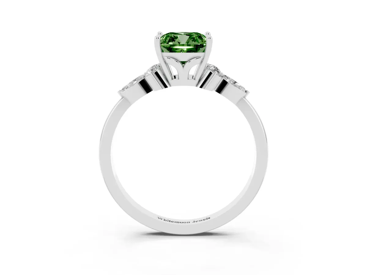 Fancy Green Cushion Cut Brilliant Diamond Solitaire Ring with Pear Side Stones and Four-Prong Setting Platinum