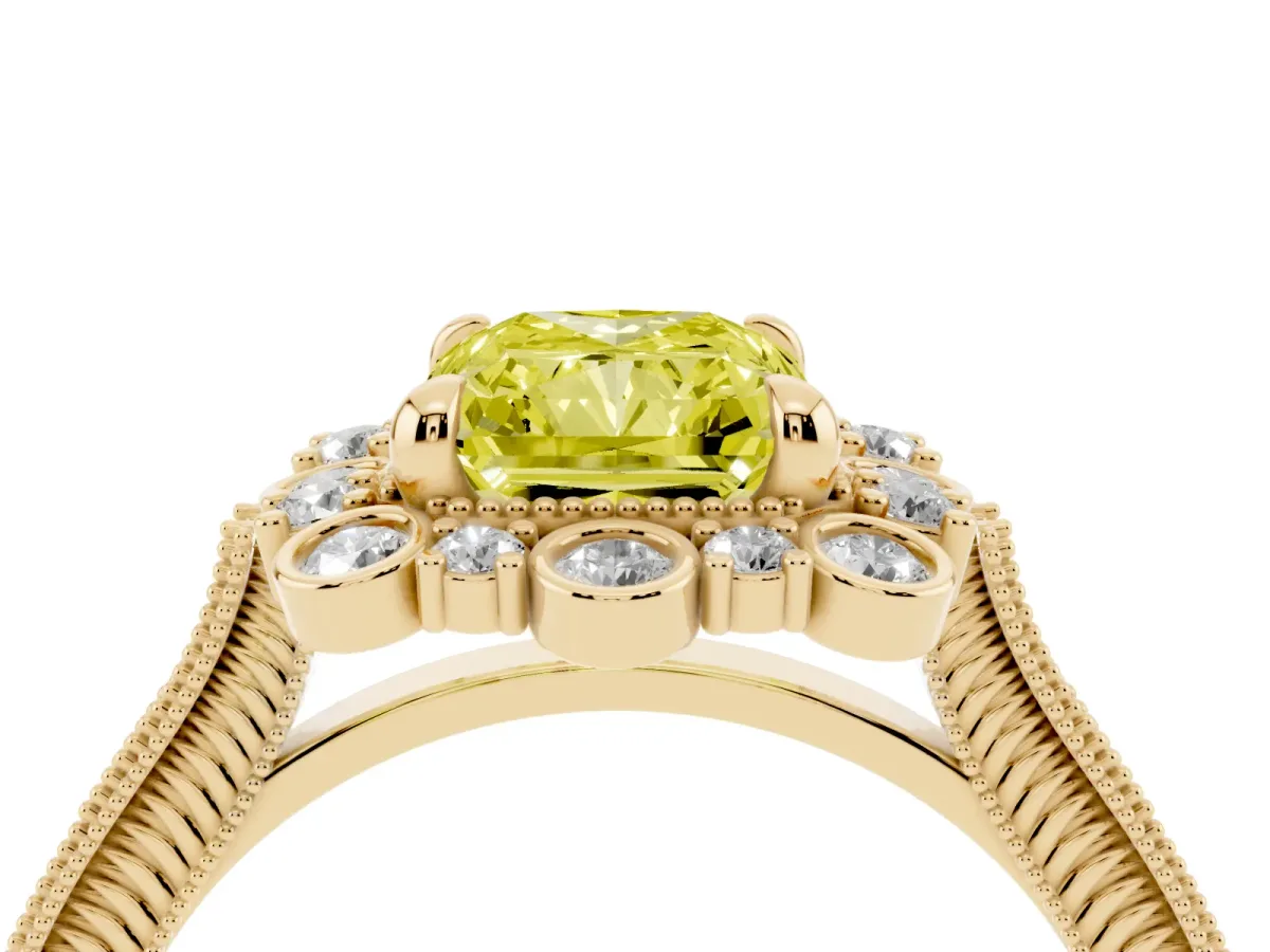Fancy Yellow Radiant Cut Halo Milgrain Pave Diamond Ring with Four-Prong Setting Yellow gold