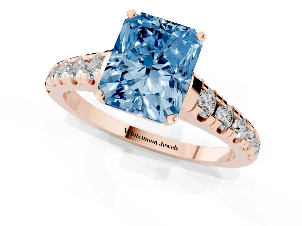 Fancy Blue Radiant Cut Diamond Cathedral Solitaire Ring with Round Pavé Band Rose gold