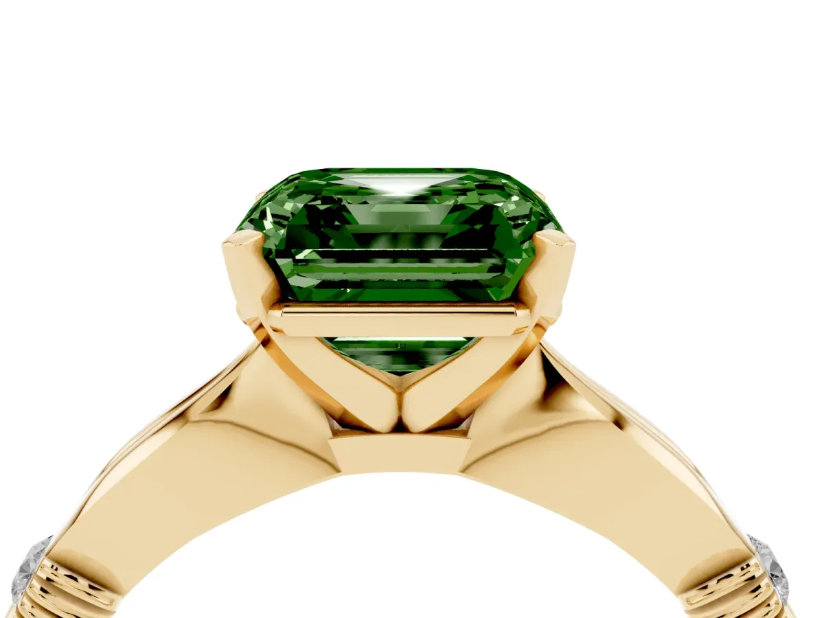 Fancy Green Asscher Cut Solitaire Diamond Twisted Band with Four-Prong Setting Yellow gold