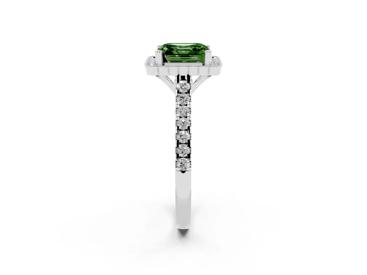 Fancy Green Asscher Cut Cut Diamond Milgrain Floral Halo Engagement Ring with Pavé Band Silver