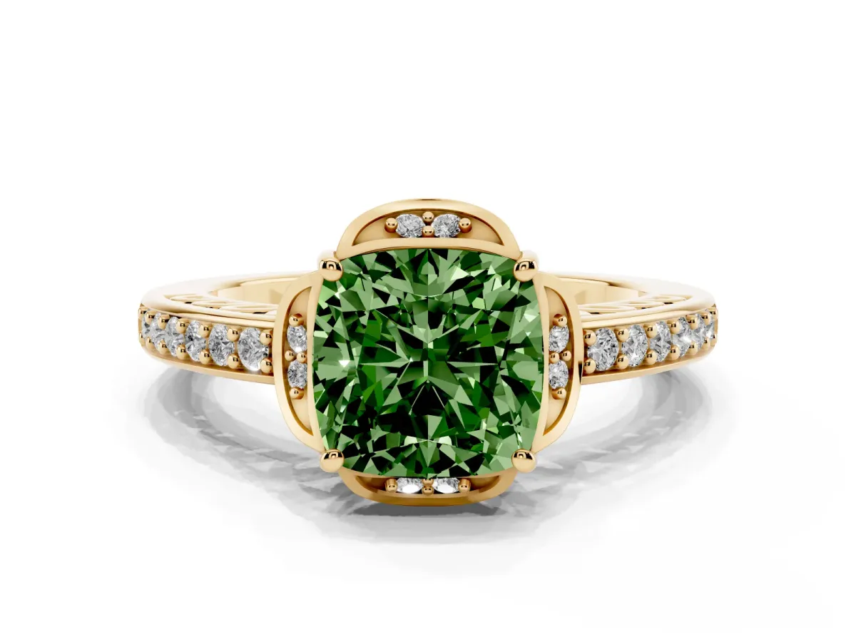 Fancy Green Cushion Cut Cut Halo Diamond Ring with Channel Set Band and Four-Prong Setting Yellow gold