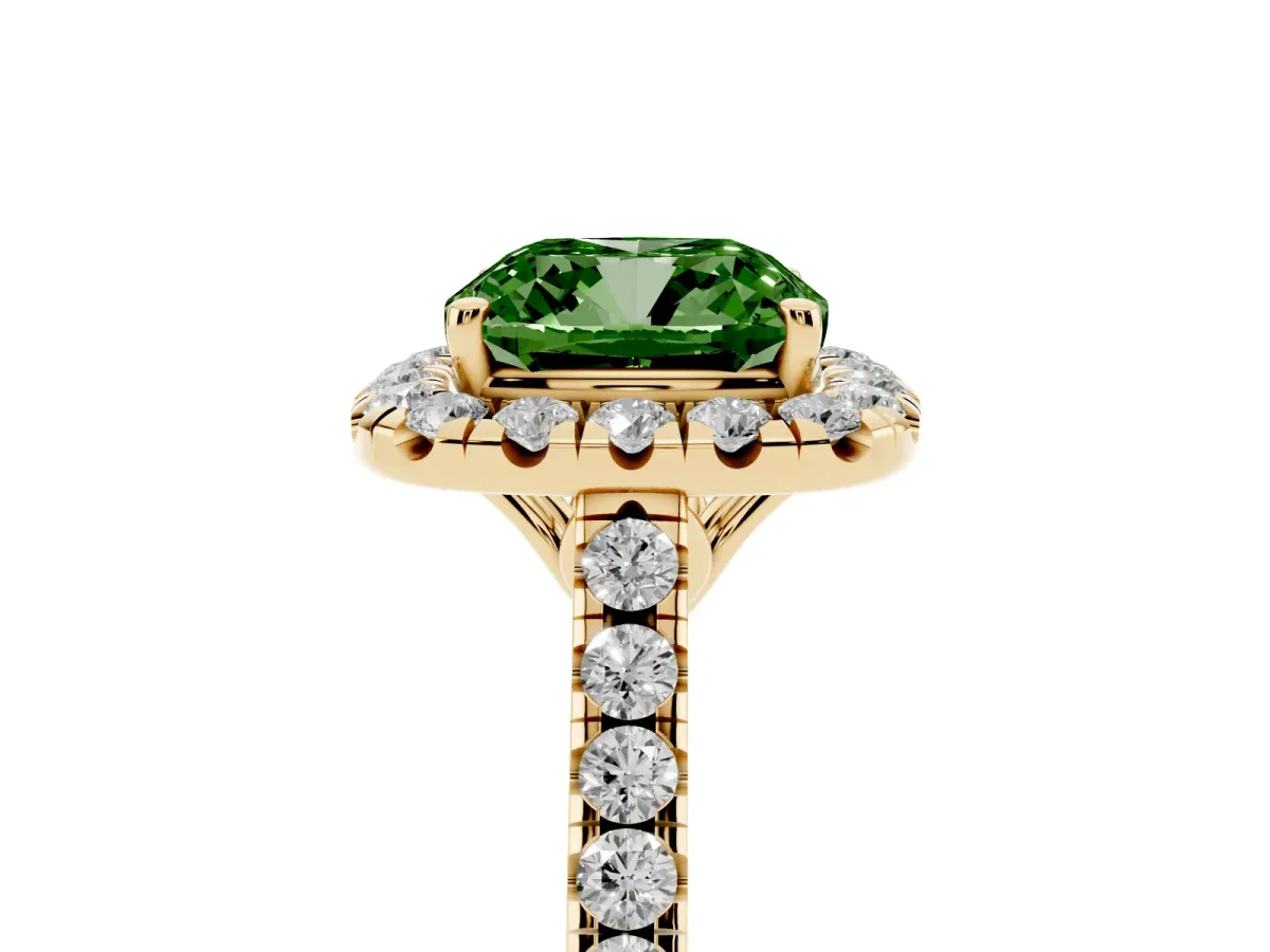 Fancy Green Cushion Cut Halo Pavé Diamond Engagement Ring with Four-Prong Setting Yellow gold