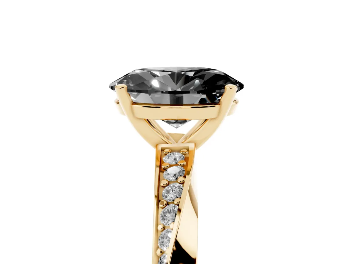 Fancy Black Oval Cut Diamond Engagement Ring with Side Stone Accents and Four-Prong Setting Yellow gold