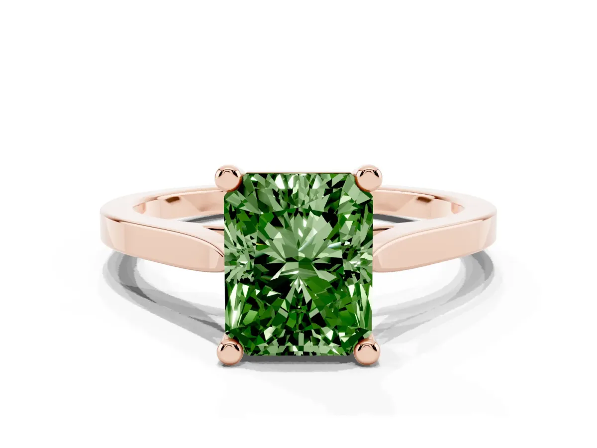 Fancy Green Radiant Cut Solitaire Diamond Ring with Four-Prong Setting and Tapered Band Rose gold