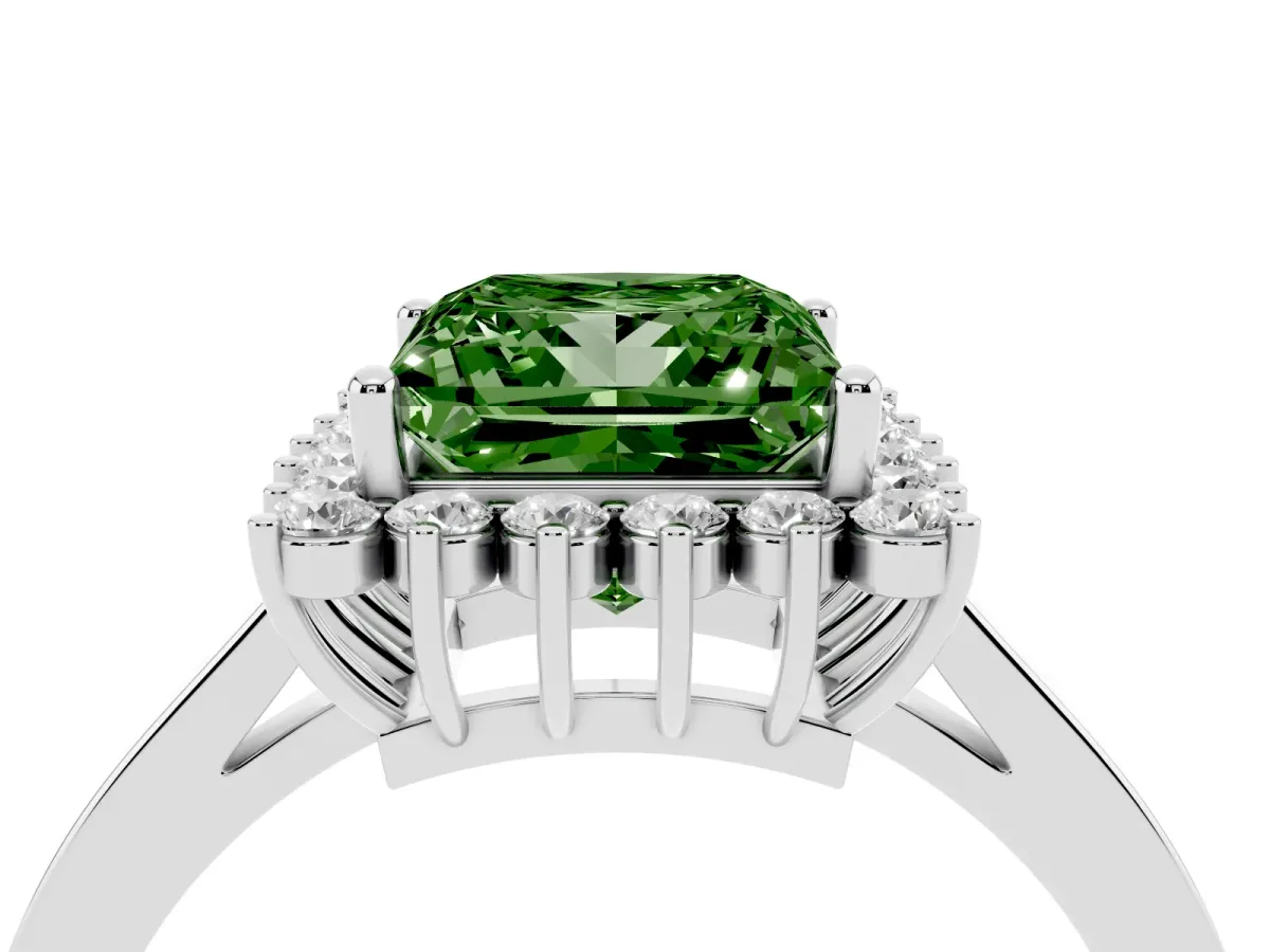 Fancy Green Princess Cut Cut Diamond Halo Ring with Round Brilliant Halo and Solitaire Band Silver