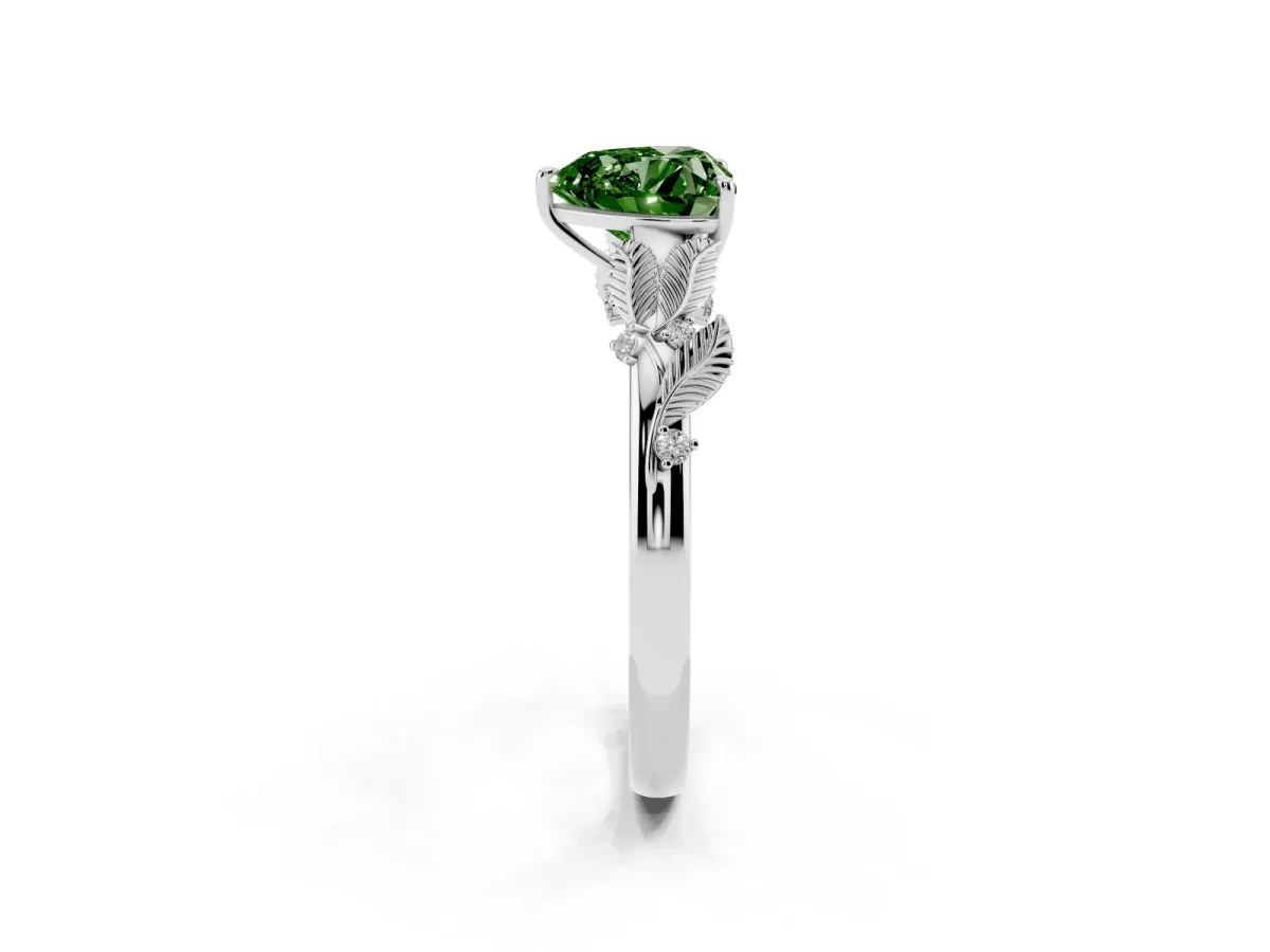 Fancy Green Heart Cut Diamond Solitaire Ring with Leaf Motif Band and Four-Prong Setting Silver