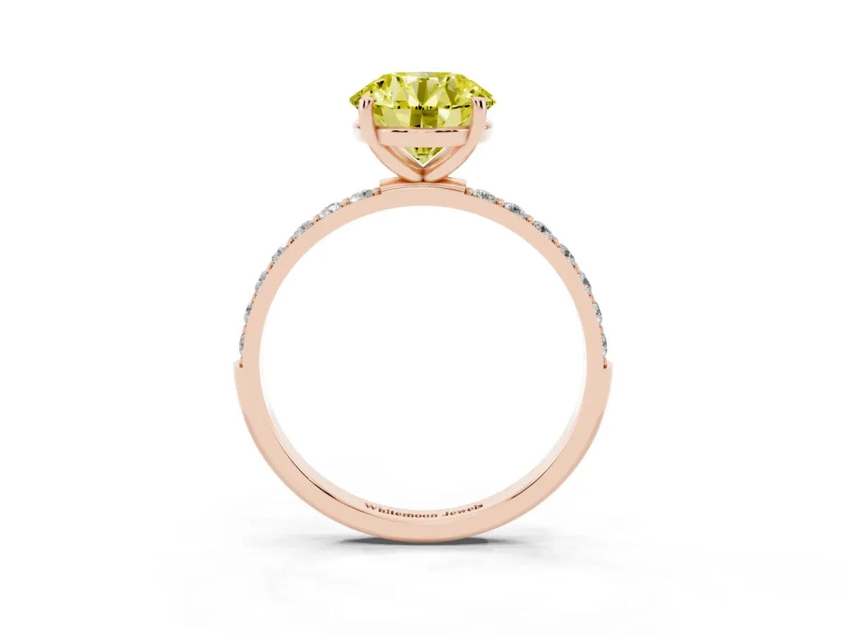 Fancy Yellow Round Cut Diamond Solitaire Ring with Round Pavé Shoulders and Prong Setting Rose gold
