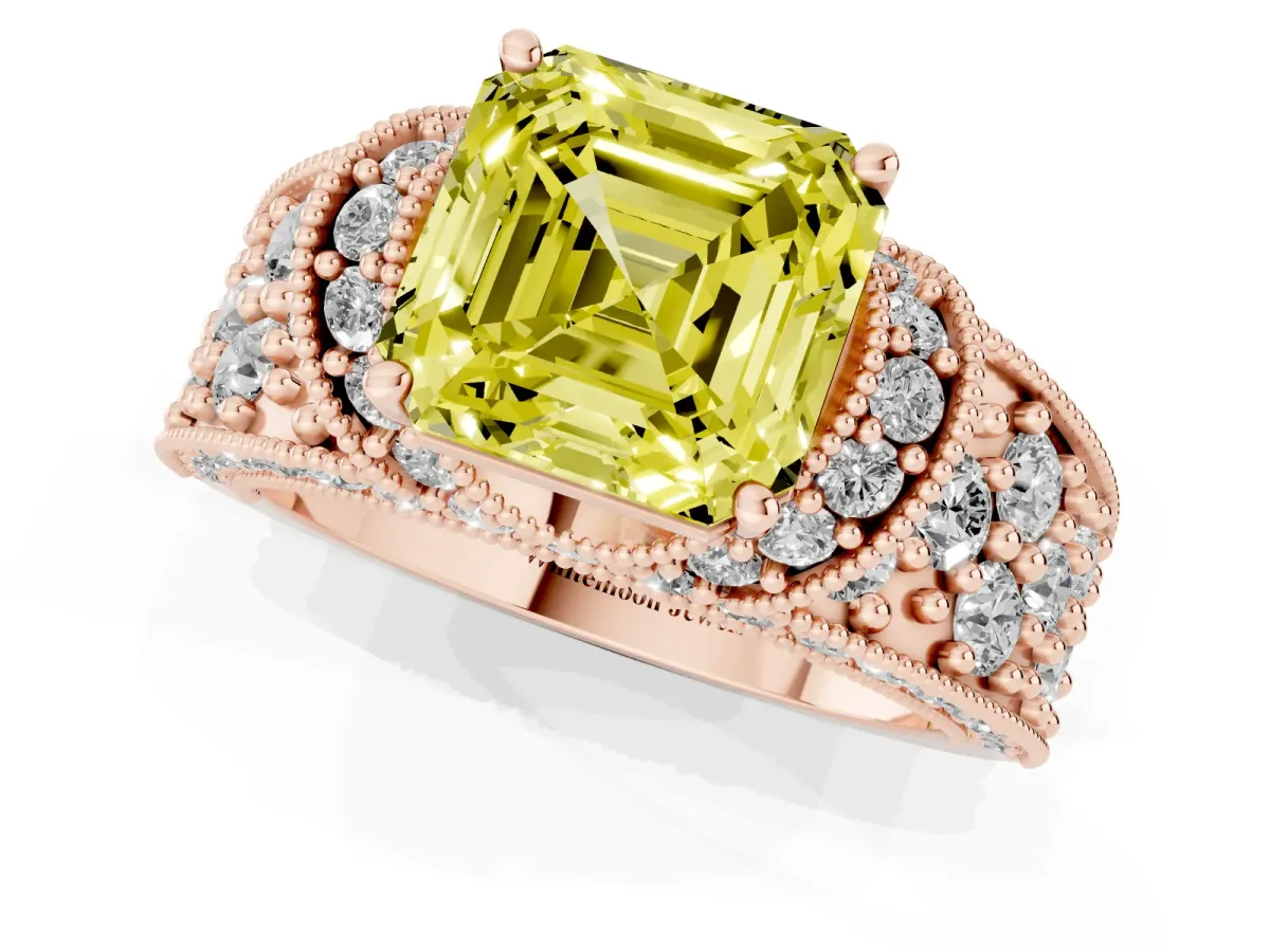 Fancy Yellow Asscher Cut Halo Pave Diamond Engagement Ring with Milgrain Detailing Rose gold
