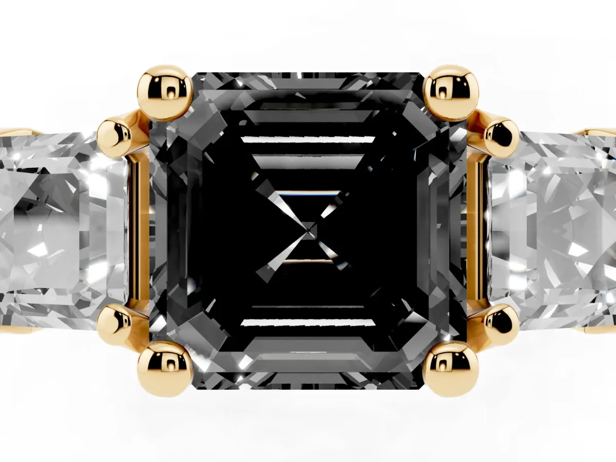 Fancy Black Asscher Cut Diamond Three-Stone Ring with Channel Set Band and Four-Prong Setting Yellow gold
