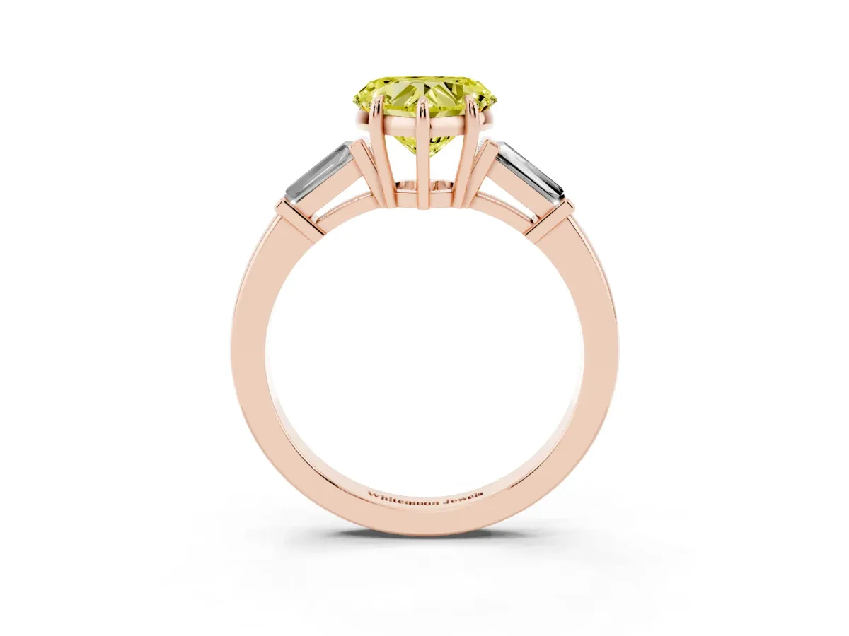 Fancy Yellow Heart Cut Diamond Three-Stone Ring with Tapered Baguette Side Stones and Prong Setting Rose gold