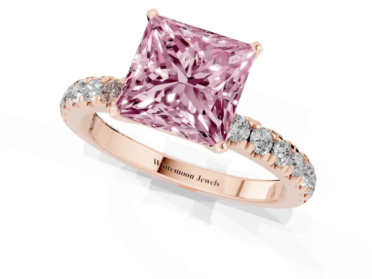 Fancy Pink Princess Cut Diamond Solitaire Ring with Pavé Accents and Four-Prong Setting Rose gold