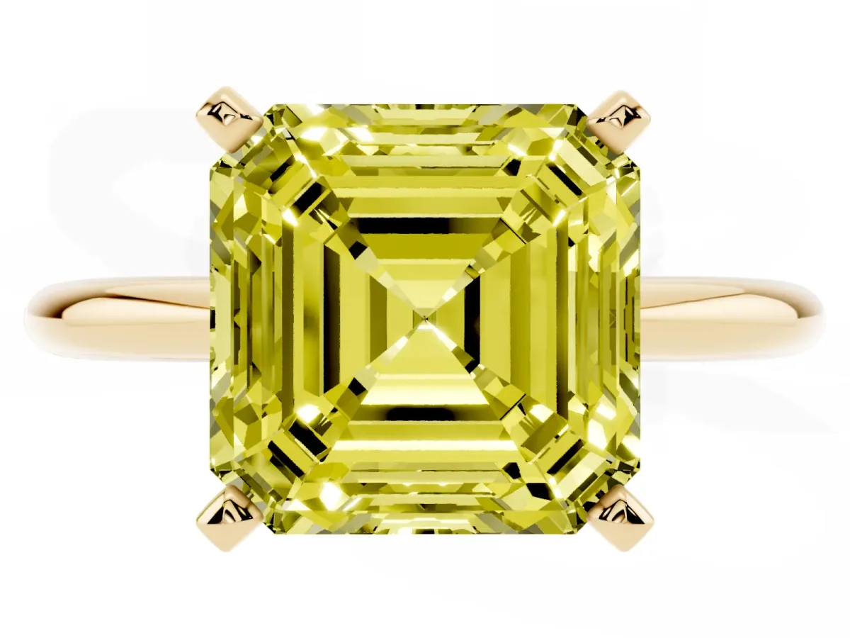 Fancy Yellow Asscher Cut Diamond Solitaire Ring with Prong Setting and Classic Band Yellow gold