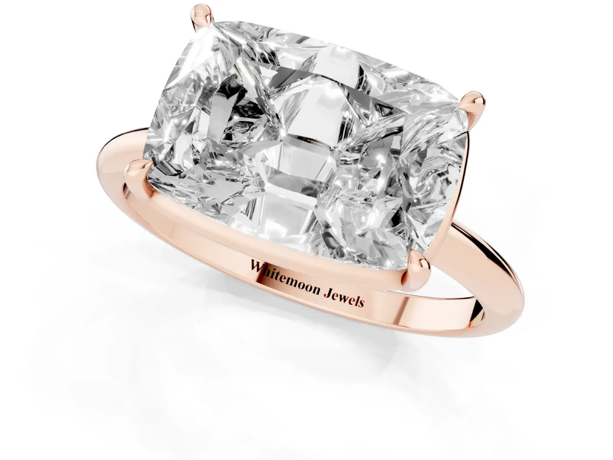 Old Mine Elongated Cushion Diamond East-West Bezel Set Four Claw Solitaire Ring Rose gold