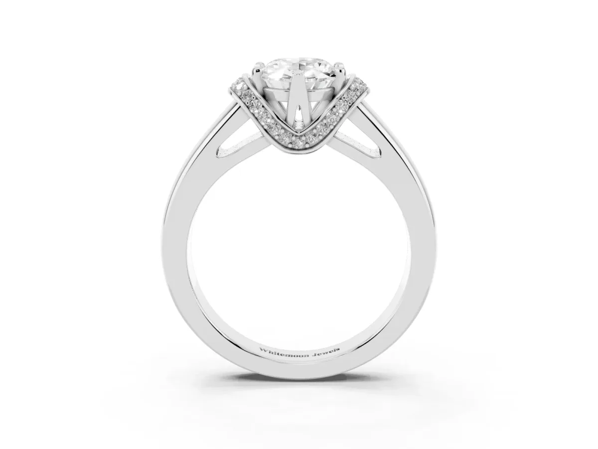 Oval Cut Solitaire Diamond Ring with Pave Band and Six-Prong Setting Silver
