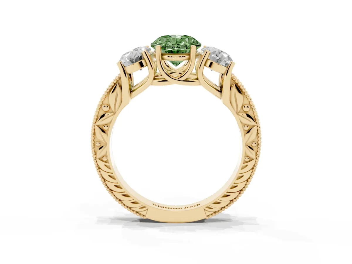 Fancy Green Three-Stone Oval Cut Cut Milgrain Pavé Engagement Ring Yellow gold