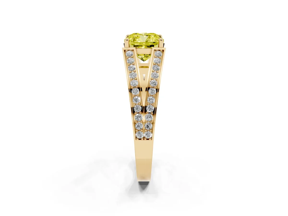 Fancy Yellow Cushion Cut Diamond Split Shank Ring with Pavé Band and Four-Prong Setting Yellow gold