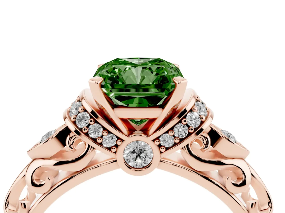 Fancy Green Radiant Cut Diamond Solitaire Ring with Filigree Band and Four-Prong Setting Rose gold