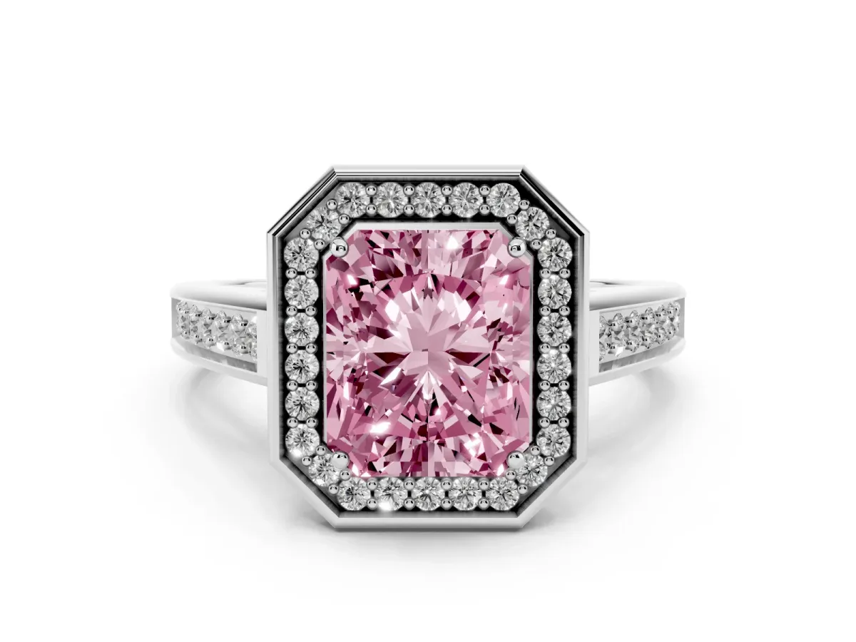 Fancy Pink Emerald Cut Halo Solitaire Diamond Ring with Pave Band and Bezel Setting Silver