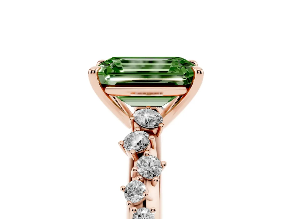Fancy Green Emerald Cut Diamond Cluster Side Stone Solitaire Ring with Prong Setting Rose gold