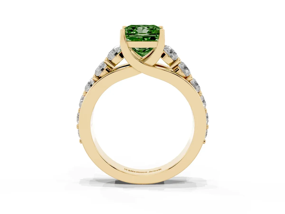 Fancy Green Princess Cut Diamond Engagement Ring with Pavé Band and Four-Prong Setting Yellow gold
