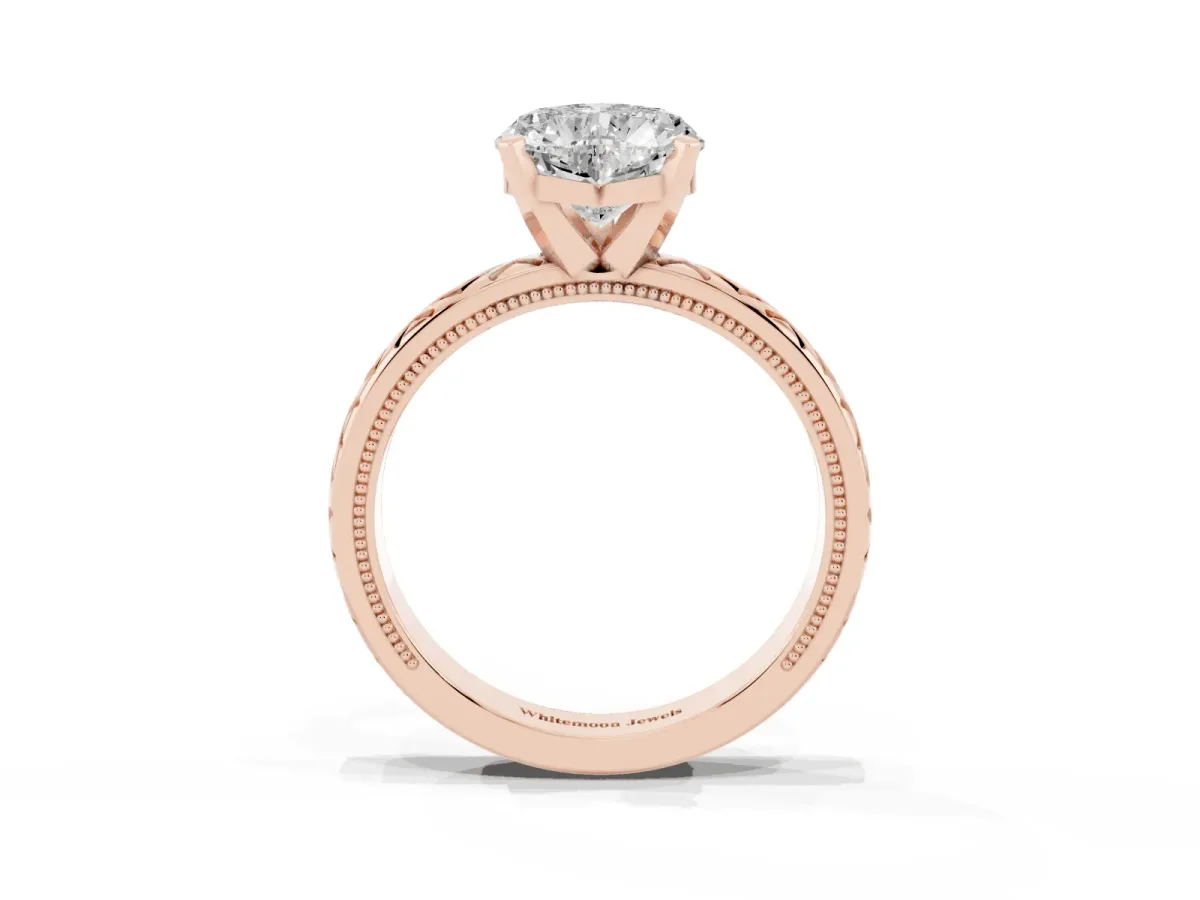Heart Cut Solitaire Diamond Ring with Milgrain and Black Enamel X Pattern Band Rose gold