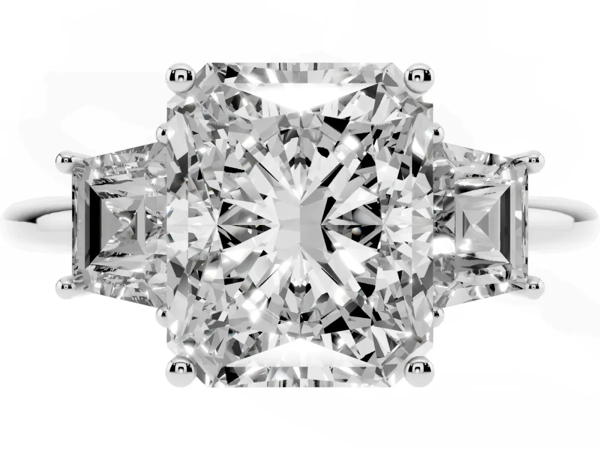 Radiant Cut Diamond Three-Stone Ring with Trapezoid Side Stones and Prong Setting Platinum