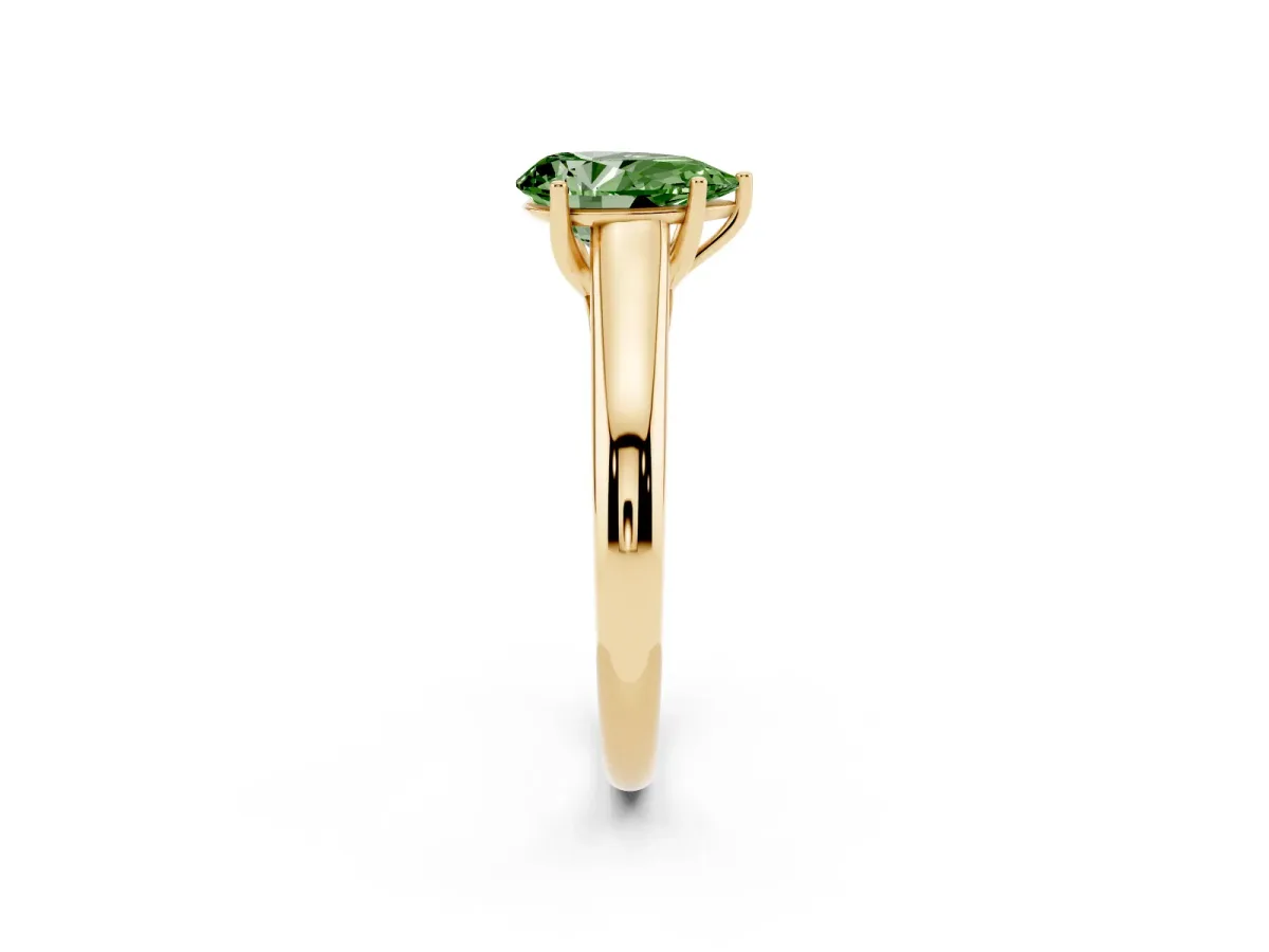 Fancy Green Pear Cut Solitaire Engagement Ring with Tapered Band and Four-Prong Setting Yellow gold
