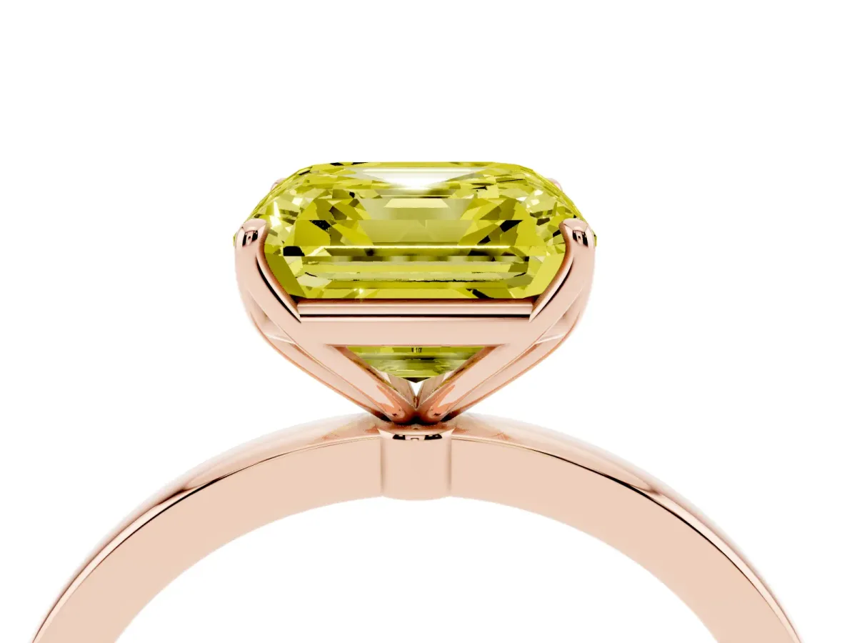 Fancy Yellow Asscher Cut Diamond Solitaire Ring with Thin Band and Prong Setting Rose gold