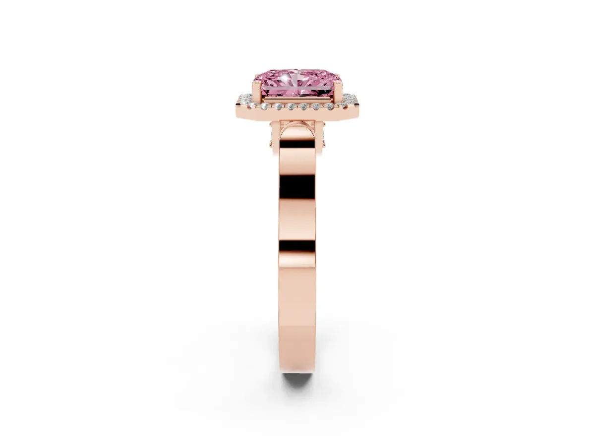 Fancy Pink Radiant Cut Halo Round Diamond Twist Band with Four-Prong Setting Rose gold