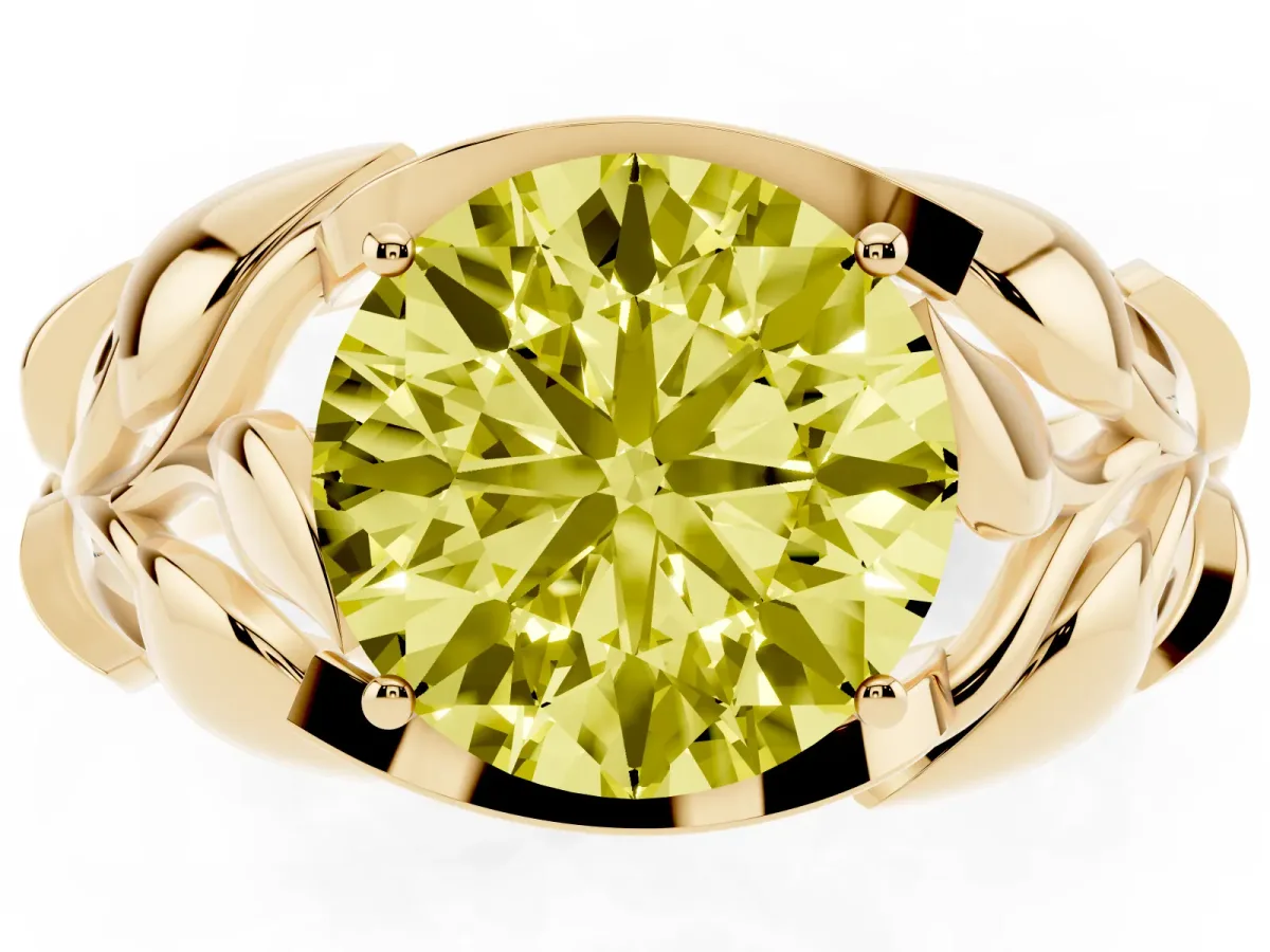 Fancy Yellow Round Cut Diamond Leaf-Inspired Engagement Ring with Round Accents and Prong Setting Yellow gold