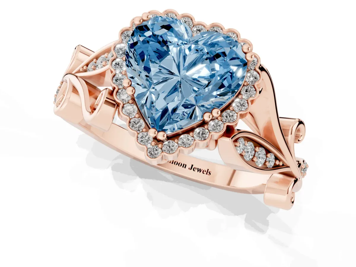 Fancy Blue Heart Cut Diamond Halo Ring with Vintage Split Shank and Four-Prong Setting Rose gold
